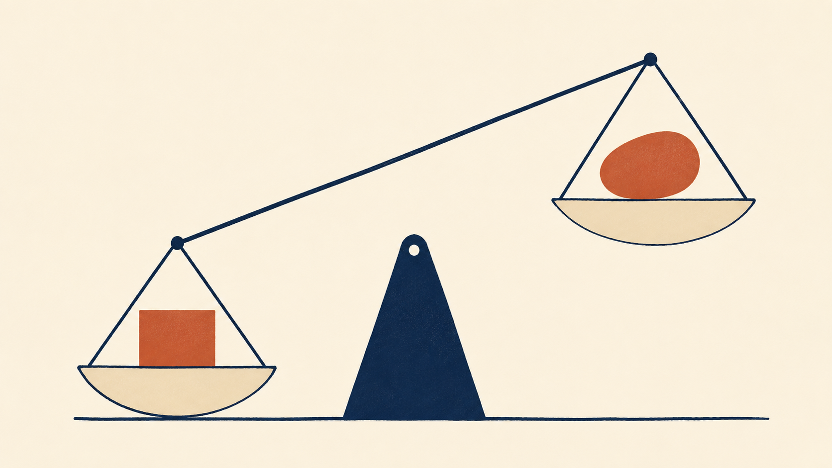 A geometric balance scale with one side holding a crisp square form and the other a soft rounded shape, rendered in flat navy and terracotta on cream paper