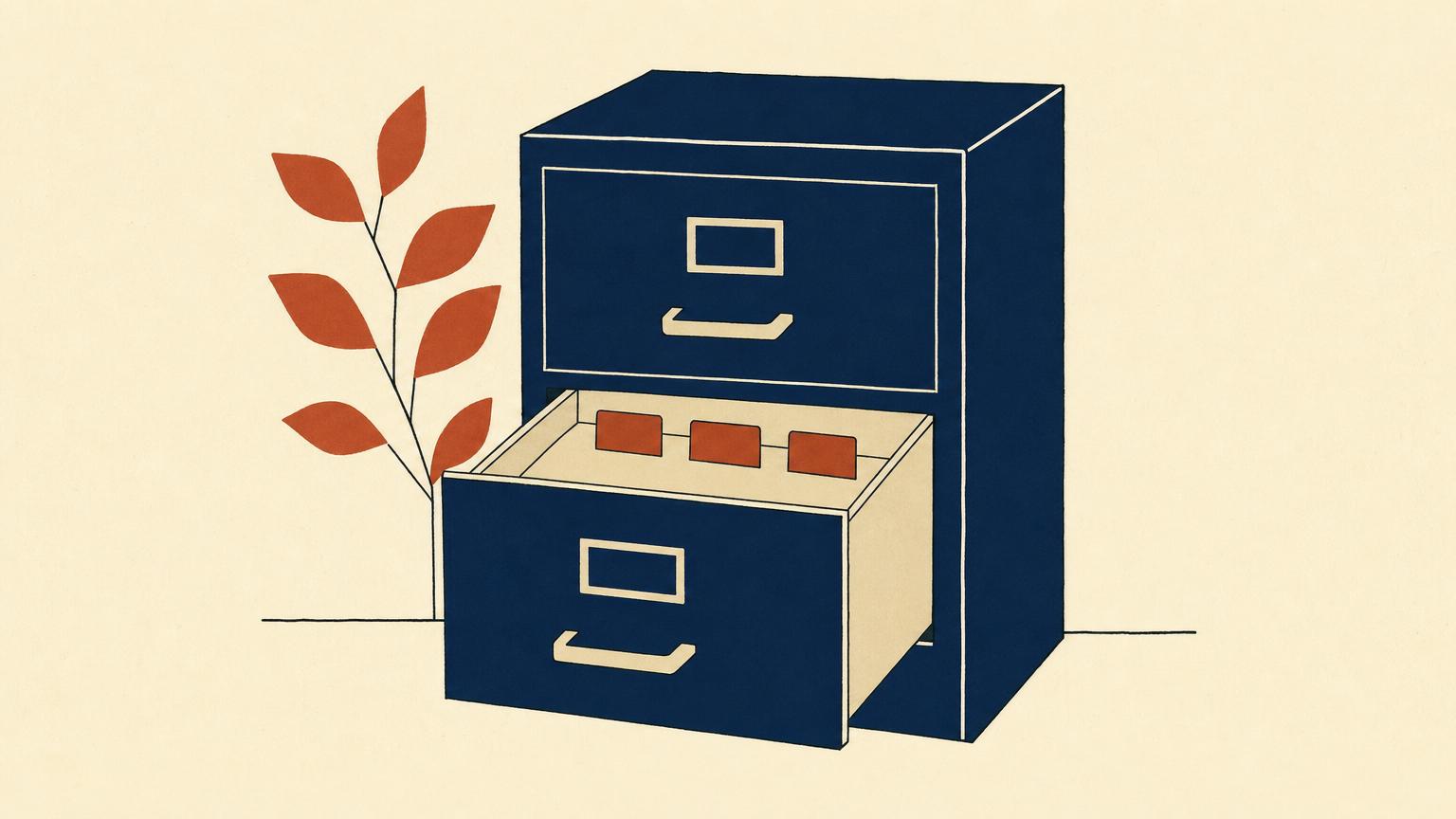 A simplified filing cabinet with one drawer open revealing three small labeled tabs arranged in a row, rendered in flat navy and terracotta on cream paper