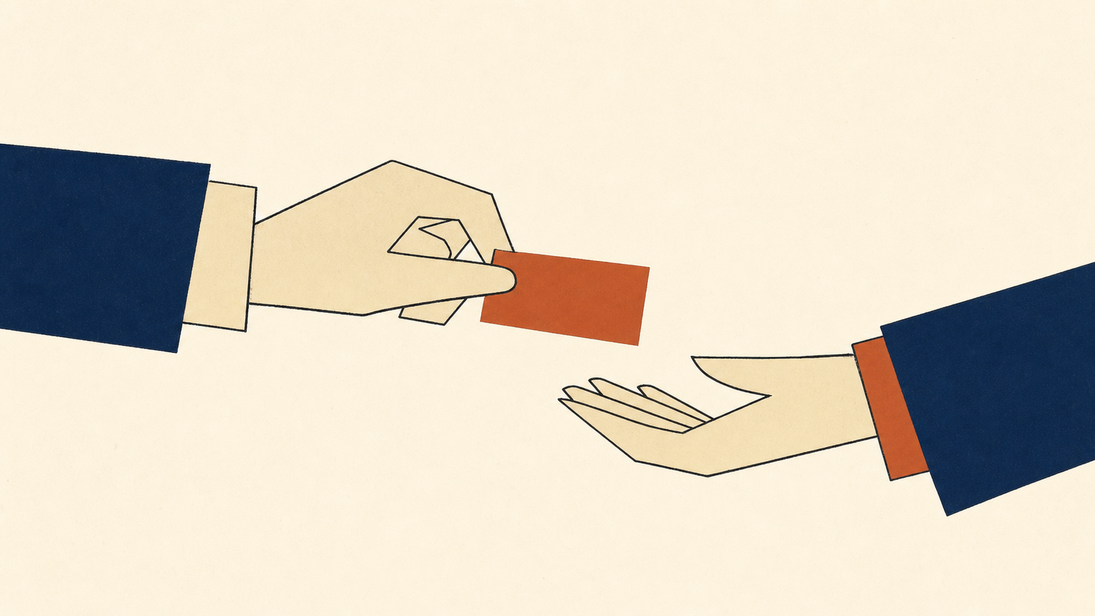 Two simplified geometric hands — one releasing, one receiving — holding a small rectangular form between them, rendered in flat navy and terracotta on cream paper