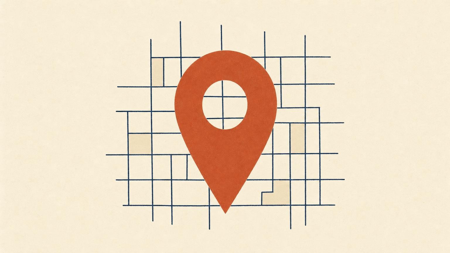 A geometric teardrop map pin centered above a simplified street grid of intersecting horizontal and vertical lines, rendered in flat navy and terracotta on cream paper