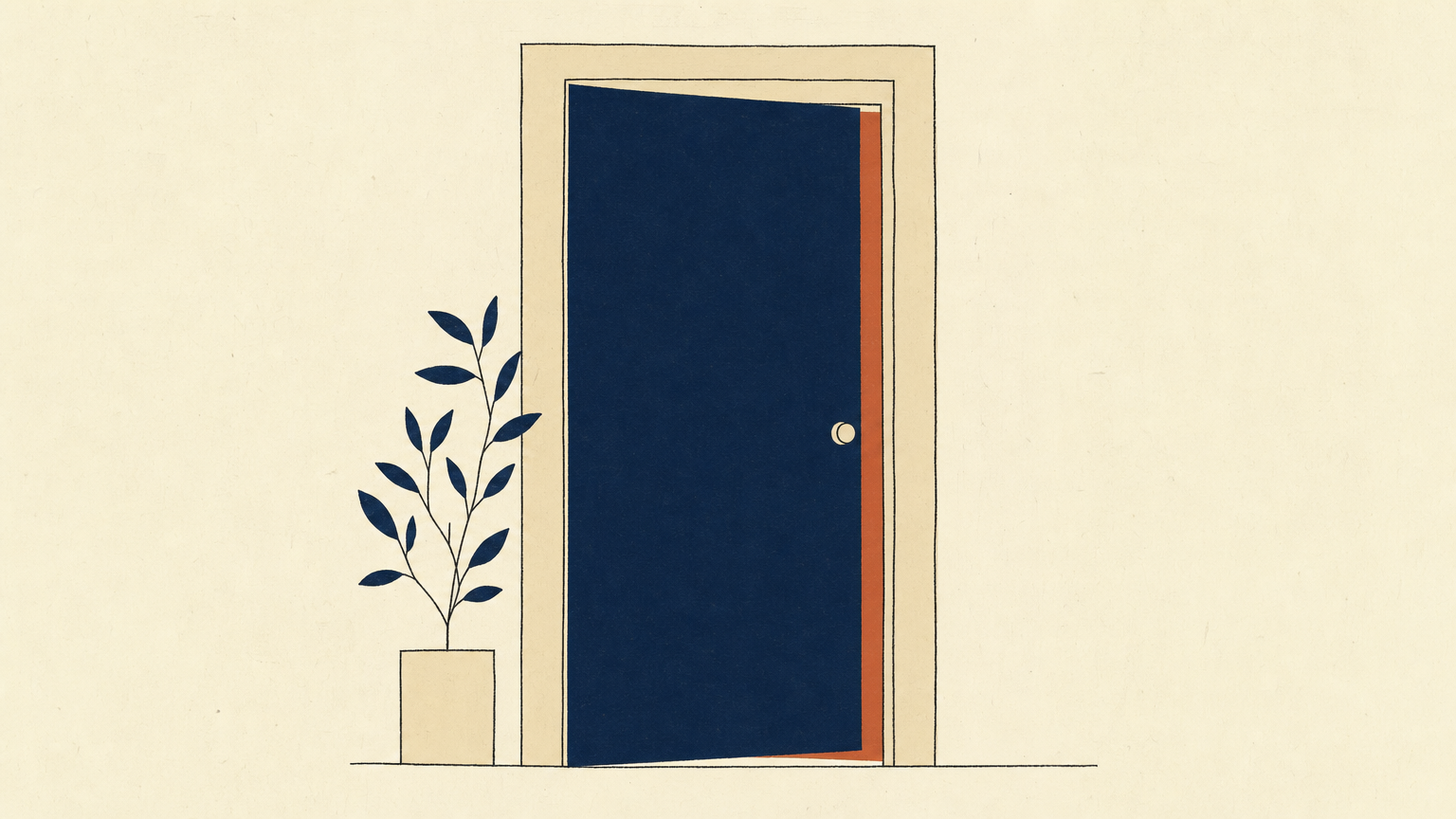 A door open just a crack with warm light visible through the gap, rendered as bold flat rectangles in navy and terracotta on cream paper
