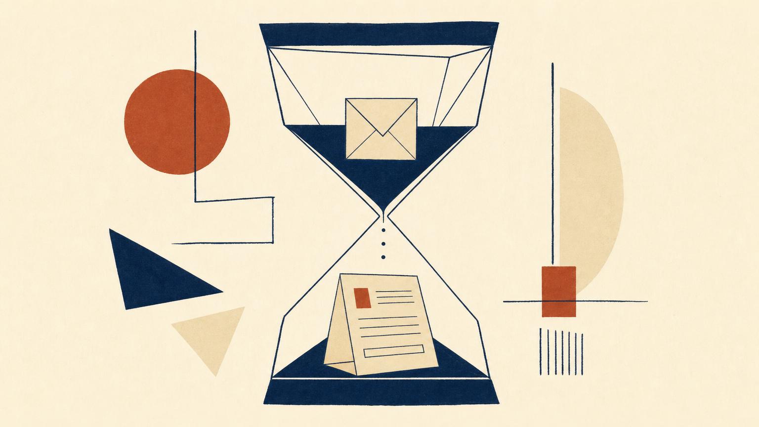 A small geometric envelope positioned on the left side of a long horizontal baseline, with open white space separating it from a document form at the far right, rendered in flat navy and terracotta on cream paper